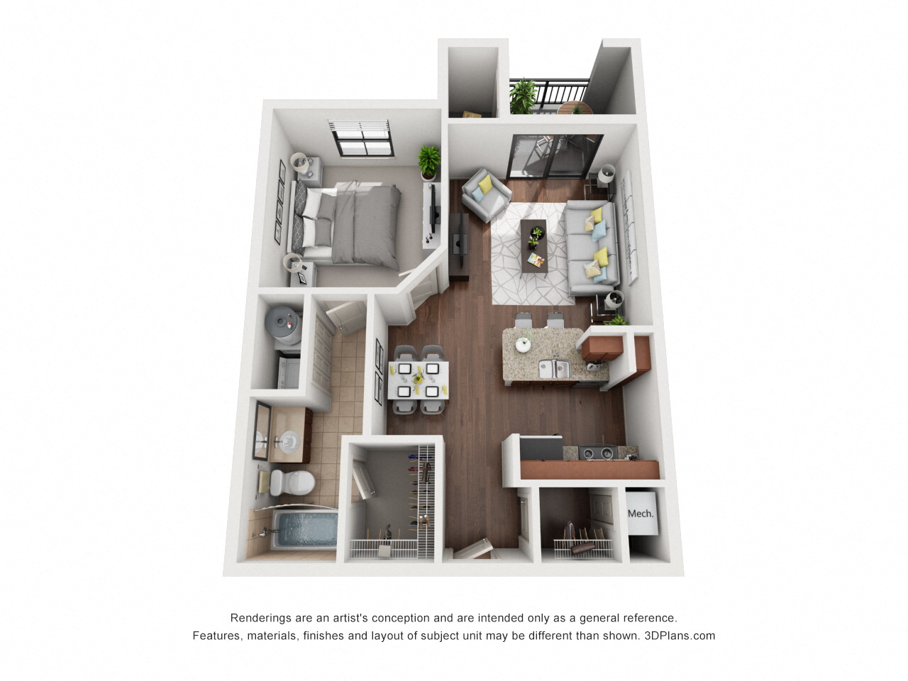 Floor plan for 1 bed, 1 bath, 701 sqft